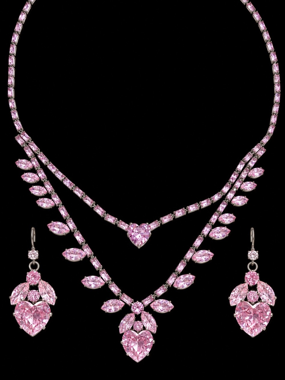 Pink Crystal Heart Drop Necklace & Earring Set - Women Jewelry